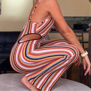NWT ZARA Rainbow Striped Cotton Blend Knit Cut-Out Sides Flare Jumpsuit  Sz L